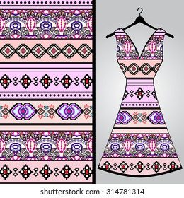 Fabric pattern design for a woman's dress. Vector fashion illustration. Design Mandala.  Perfect for printing on fabric or paper.