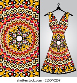 Fabric pattern design for a woman's dress. Vector fashion illustration. Design Mandala.  Perfect for printing on fabric or paper.