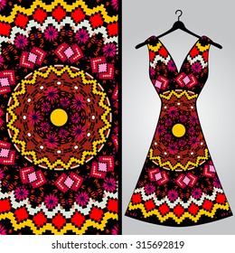 Fabric pattern design for a woman's dress. Vector fashion illustration. Design Mandala.  Perfect for printing on fabric or paper.