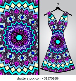 Fabric pattern design for a woman's dress. Vector fashion illustration. Design Mandala.  Perfect for printing on fabric or paper.