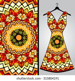 Fabric pattern design for a woman's dress. Vector fashion illustration. Design Mandala.  Perfect for printing on fabric or paper.