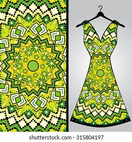 Fabric pattern design for a woman's dress. Vector fashion illustration. Design Mandala.  Perfect for printing on fabric or paper.