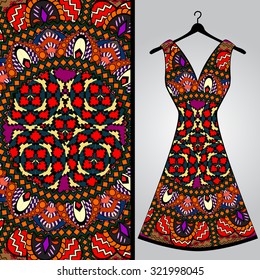 Fabric pattern design for a woman's dress. Vector fashion illustration. Design Mandala.  Perfect for printing on fabric or paper.