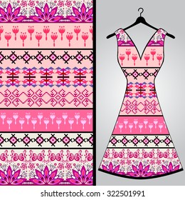 Fabric pattern design for a woman's dress. Vector fashion illustration. Design Mandala.  Perfect for printing on fabric or paper.