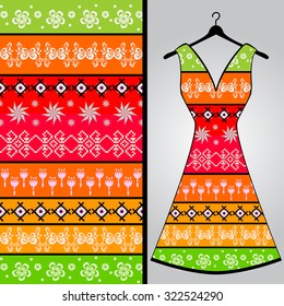 Fabric pattern design for a woman's dress. Vector fashion illustration. Design Mandala.  Perfect for printing on fabric or paper.