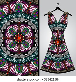 Fabric pattern design for a woman's dress. Vector fashion illustration. Design Mandala.  Perfect for printing on fabric or paper.