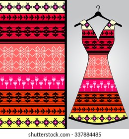 Fabric pattern design for a woman's dress. Vector fashion illustration. Design Mandala.  Perfect for printing on fabric or paper.
