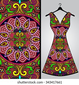 Fabric pattern design for a woman's dress. Vector fashion illustration. Design Mandala.  Perfect for printing on fabric or paper.