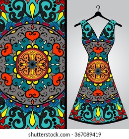 Fabric pattern design for a woman's dress. Vector fashion illustration. Design Mandala.  Perfect for printing on fabric or paper.