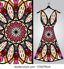 Fabric pattern design for a woman's dress. Vector fashion illustration. Design Mandala.  Perfect for printing on fabric or paper.