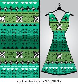 Fabric pattern design for a woman's dress. Vector fashion illustration. Design Mandala.  Perfect for printing on fabric or paper.