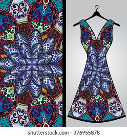 Fabric pattern design for a woman's dress. Vector fashion illustration. Design Mandala.  Perfect for printing on fabric or paper.