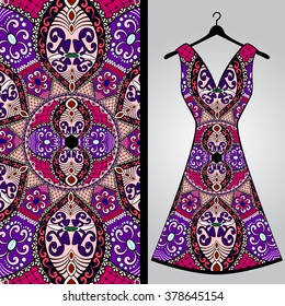 Fabric pattern design for a woman's dress. Vector fashion illustration. Design Mandala.  Perfect for printing on fabric or paper.