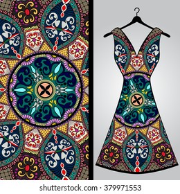 Fabric pattern design for a woman's dress. Vector fashion illustration. Design Mandala.  Perfect for printing on fabric or paper.