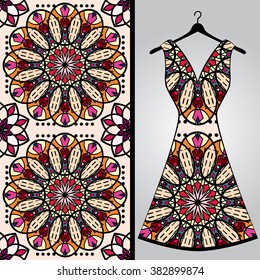 Fabric pattern design for a woman's dress. Vector fashion illustration. Design Mandala.  Perfect for printing on fabric or paper.