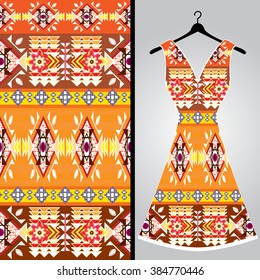 Fabric pattern design for a woman's dress. Vector fashion illustration. Design Mandala.  Perfect for printing on fabric or paper.