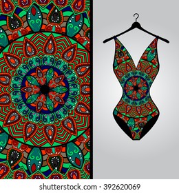 Fabric pattern design for a woman's dress. Vector fashion illustration. Design Mandala.  Perfect for printing on fabric or paper.