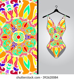 Fabric pattern design for a woman's dress. Vector fashion illustration. Design Mandala.  Perfect for printing on fabric or paper.