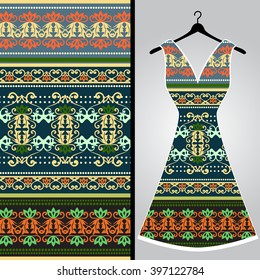 Fabric pattern design for a woman's dress. Vector fashion illustration. Design Mandala.  Perfect for printing on fabric or paper.