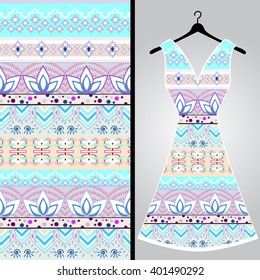 Fabric pattern design for a woman's dress. Vector fashion illustration. Design Mandala.  Perfect for printing on fabric or paper.