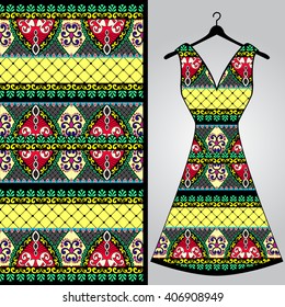 Fabric pattern design for a woman's dress. Vector fashion illustration. Design Mandala.  Perfect for printing on fabric or paper.