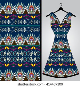 Fabric pattern design for a woman's dress. Vector fashion illustration. Design Mandala.  Perfect for printing on fabric or paper.