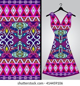Fabric pattern design for a woman's dress. Vector fashion illustration. Design Mandala.  Perfect for printing on fabric or paper.