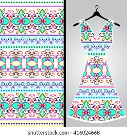 Fabric pattern design for a woman's dress. Vector fashion illustration. Design Mandala.  Perfect for printing on fabric or paper.