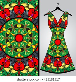 Fabric pattern design for a woman's dress. Vector fashion illustration. Design Mandala.  Perfect for printing on fabric or paper.