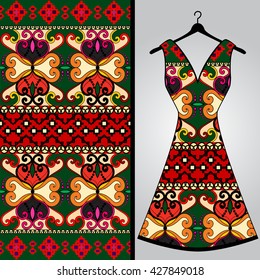 Fabric pattern design for a woman's dress. Vector fashion illustration. Design Mandala.  Perfect for printing on fabric or paper.