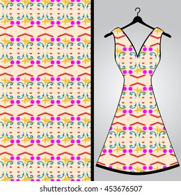 Fabric pattern design for a woman's dress. Vector fashion illustration. Design Mandala.  Perfect for printing on fabric or paper.