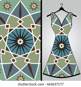 Fabric pattern design for a woman's dress. Vector fashion illustration. Design Mandala.  Perfect for printing on fabric or paper.