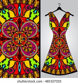 Fabric pattern design for a woman's dress. Vector fashion illustration. Design Mandala.  Perfect for printing on fabric or paper.