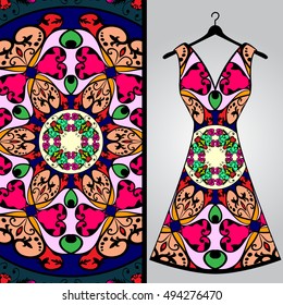 Fabric pattern design for a woman's dress. Vector fashion illustration. Design Mandala.  Perfect for printing on fabric or paper.