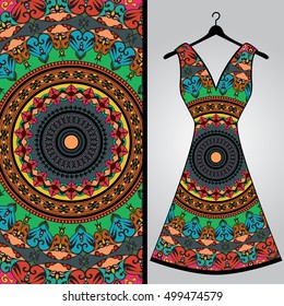 Fabric pattern design for a woman's dress. Vector fashion illustration. Design Mandala.  Perfect for printing on fabric or paper.
