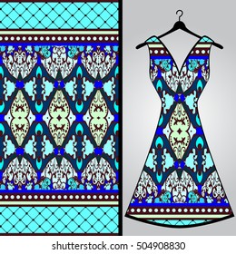 Fabric pattern design for a woman's dress. Vector fashion illustration. Design Mandala.  Perfect for printing on fabric or paper.