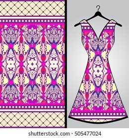 Fabric pattern design for a woman's dress. Vector fashion illustration. Design Mandala.  Perfect for printing on fabric or paper.