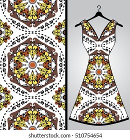 Fabric pattern design for a woman's dress. Vector fashion illustration. Design Mandala.  Perfect for printing on fabric or paper.