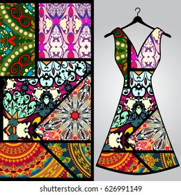Fabric pattern design for a woman's dress. Vector fashion illustration. Design Mandala.  Perfect for printing on fabric or paper.