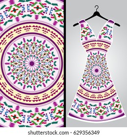 Fabric pattern design for a woman's dress. Vector fashion illustration. Design Mandala.  Perfect for printing on fabric or paper.
