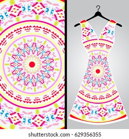 Fabric pattern design for a woman's dress. Vector fashion illustration. Design Mandala.  Perfect for printing on fabric or paper.