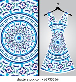 Fabric pattern design for a woman's dress. Vector fashion illustration. Design Mandala.  Perfect for printing on fabric or paper.