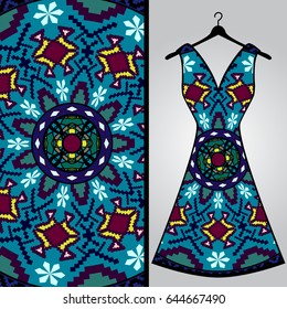 Fabric pattern design for a woman's dress. Vector fashion illustration. Design Mandala.  Perfect for printing on fabric or paper.