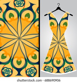 Fabric pattern design for a woman's dress. Vector fashion illustration. Design Mandala.  Perfect for printing on fabric or paper.