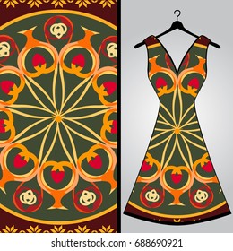 Fabric pattern design for a woman's dress. Vector fashion illustration. Design Mandala.  Perfect for printing on fabric or paper.