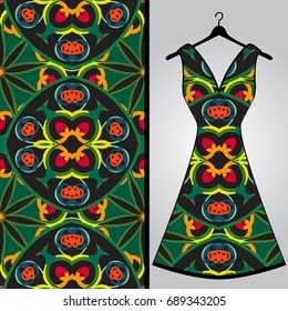 Fabric pattern design for a woman's dress. Vector fashion illustration. Design Mandala.  Perfect for printing on fabric or paper.