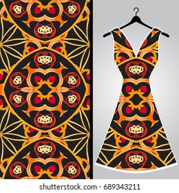 Fabric pattern design for a woman's dress. Vector fashion illustration. Design Mandala.  Perfect for printing on fabric or paper.