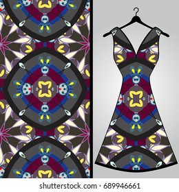 Fabric pattern design for a woman's dress. Vector fashion illustration. Design Mandala.  Perfect for printing on fabric or paper.
