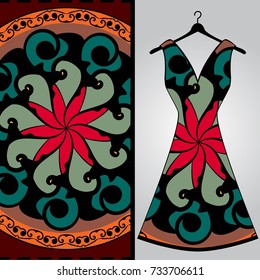 Fabric pattern design for a woman's dress. Vector fashion illustration. Design Mandala.  Perfect for printing on fabric or paper.