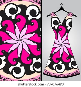 Fabric pattern design for a woman's dress. Vector fashion illustration. Design Mandala.  Perfect for printing on fabric or paper.